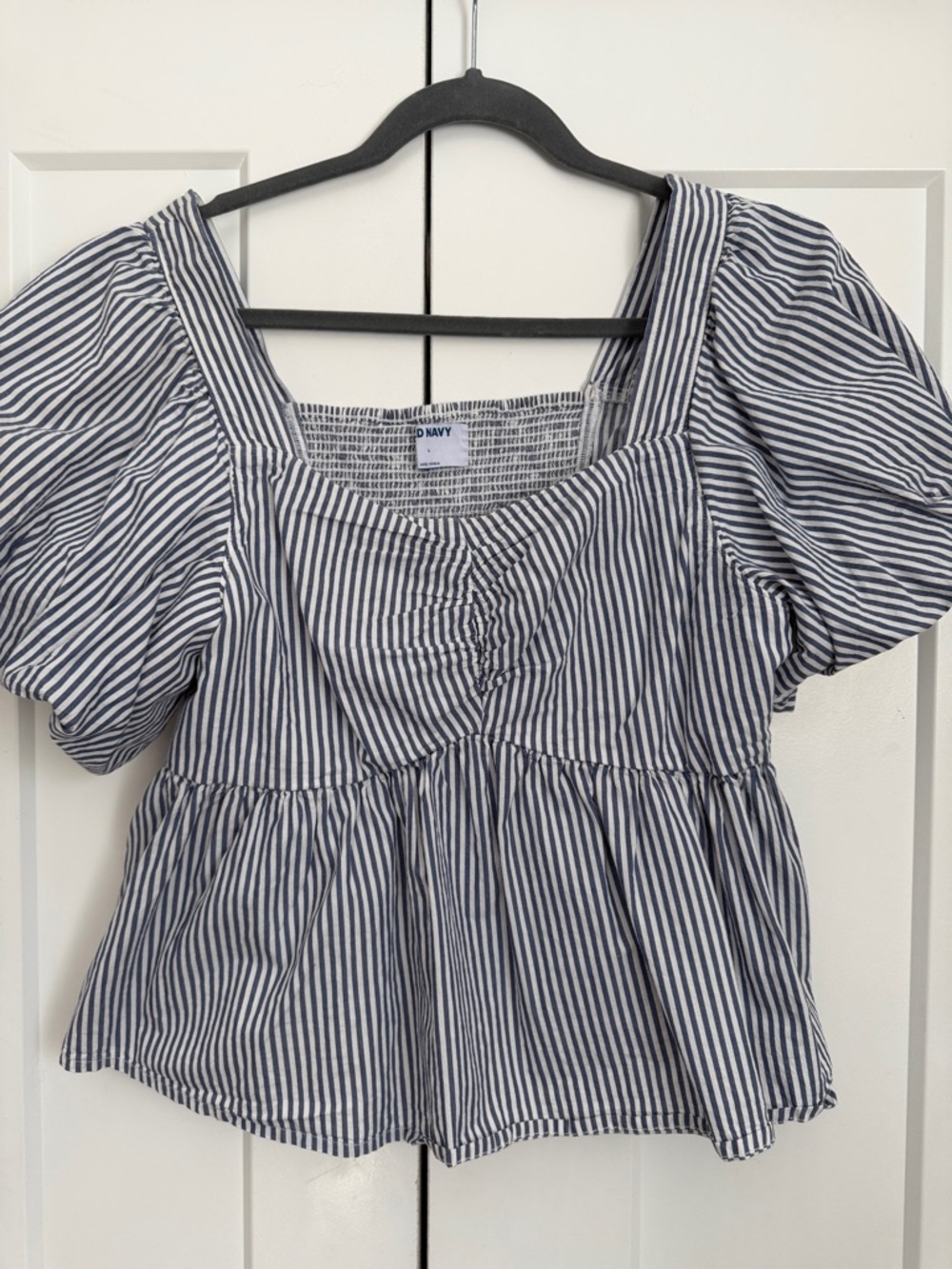 Old Navy Blue and White Striped Square Neck Peplum Blouse